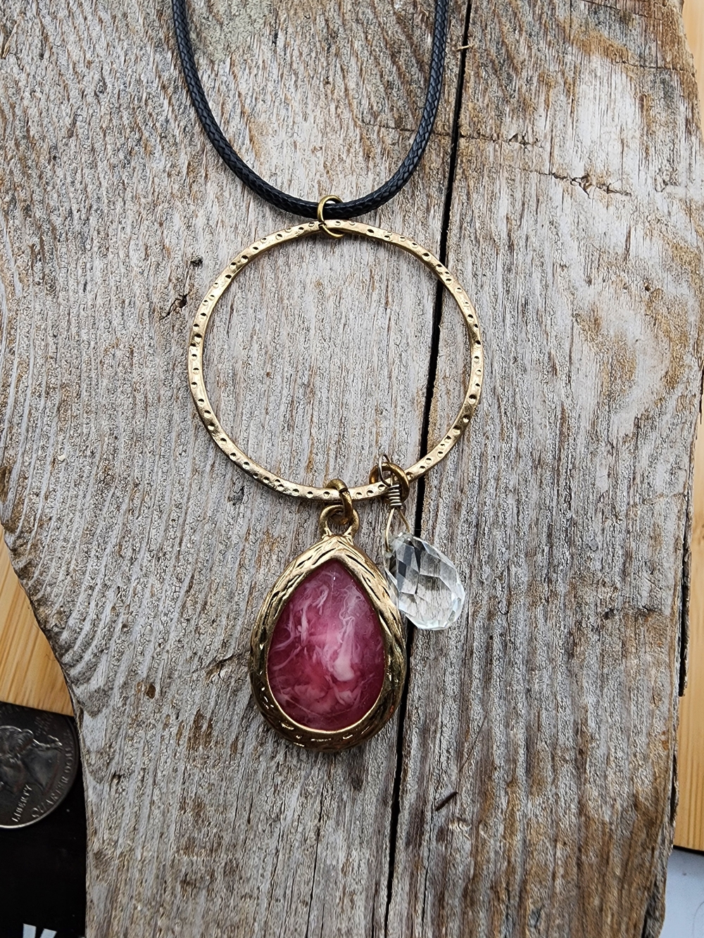 Gold Hoop Necklace with Pink Teardrop Gem and Clear Crystal Charm